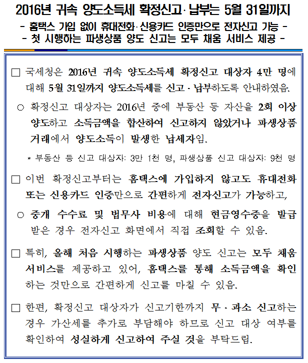 2016년 귀속 양도소득세 확정신고, 납부는 5월 31일까지 이미지 2